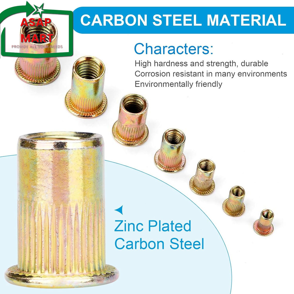 100Pcs #6-32 UNC Rivet Nuts, Carbon Steel Flat Head Rivnut Threaded Insert Nut,