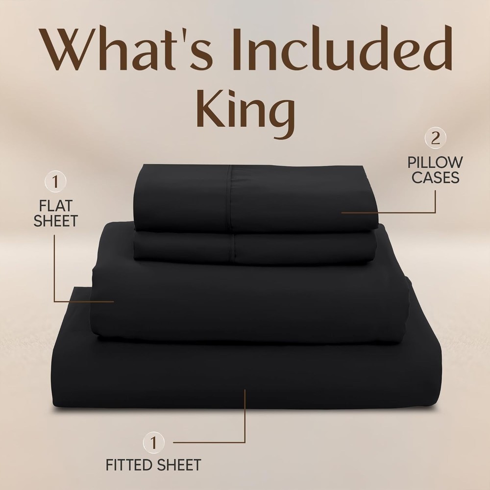 King Sheet Set – 4 Piece Bed Sheets, Soft and Breathable Microfiber (Black)