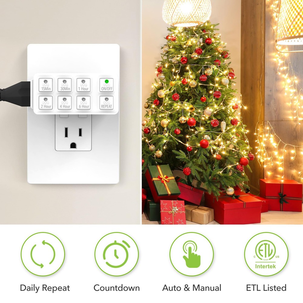 ETL Listed Timer, Repeat Function, 1875W Capacity, 3 Prong, White