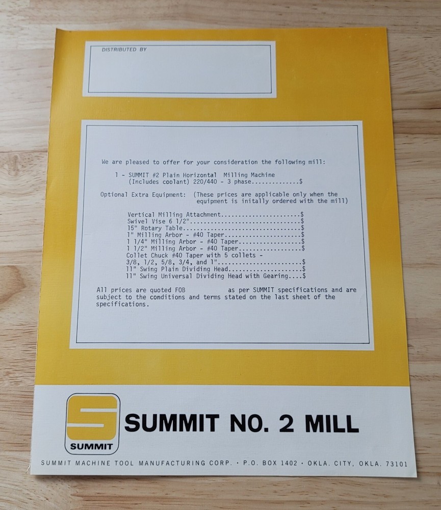 Vintage Summit Machine Tool Features BROCHURE Summit No. 2 Mill