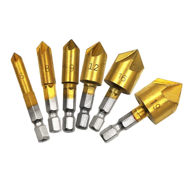 6 x Chamfer Countersink Deburring Drill Bit Set Crosshole Cutting Metal Tool Kit