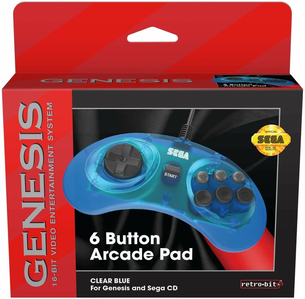 Retro-Bit Official Sega Genesis Controller 6-Button Arcade Pad - Clear Blue