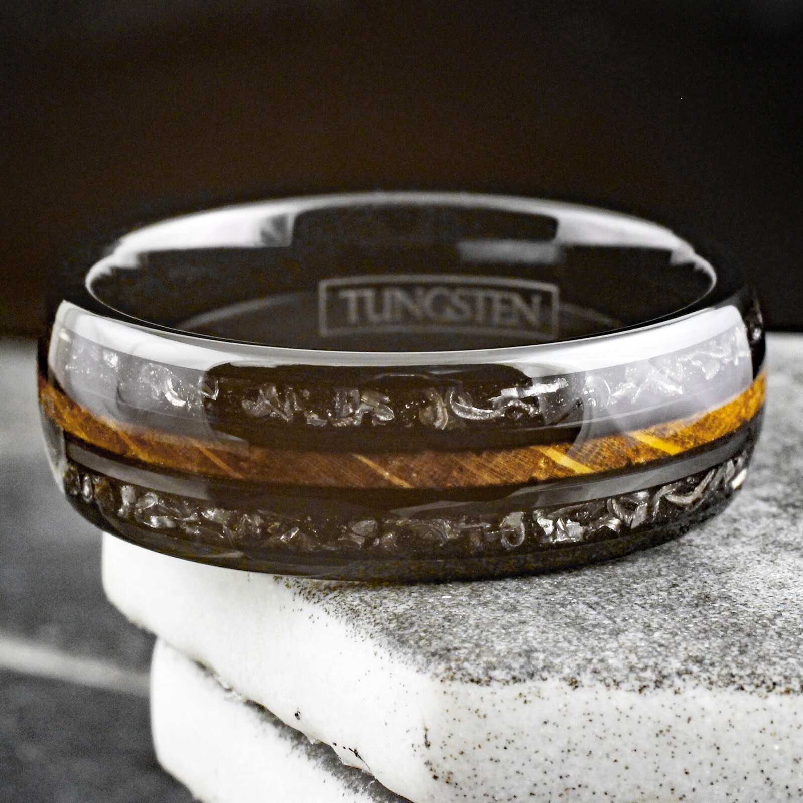 Black Tungsten Carbide Men's Ring Whiskey Barrel Wood & Meteorite Wedding Band