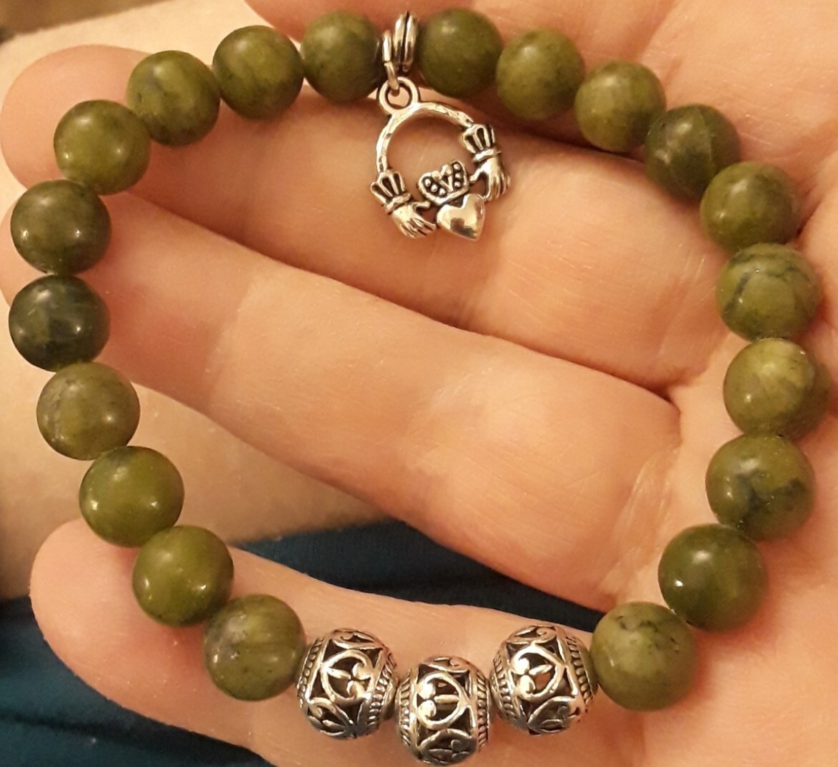 Connemara Marble Bead Bracelet with Irish Claddagh Charm