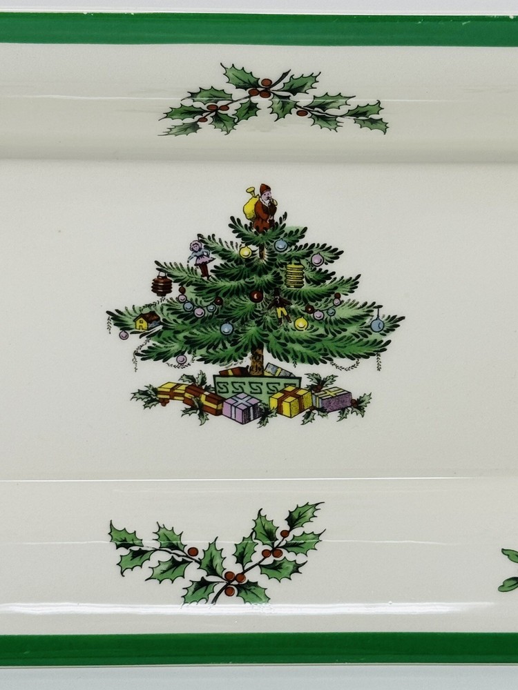 Spode Christmas Tree Rectangular Serving Tray Green Trim 8.5" England MINT