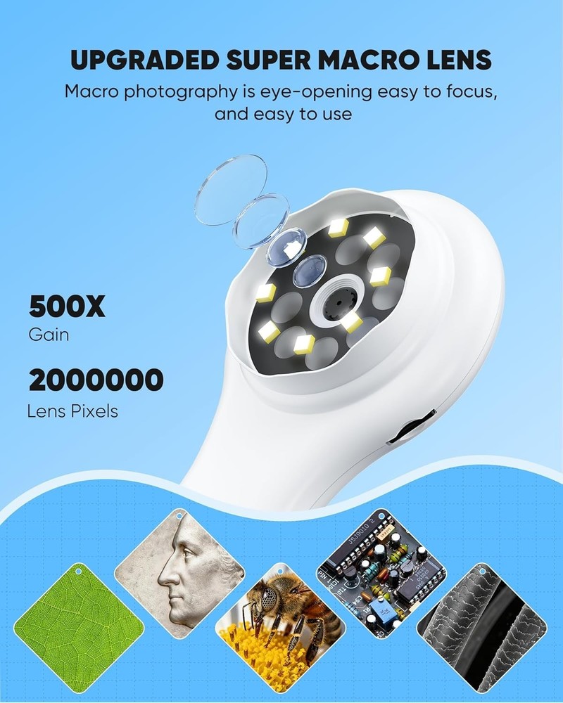 Handheld Mini Microscope with 8 LED Lights and Rechargeable Battery for Easy Use