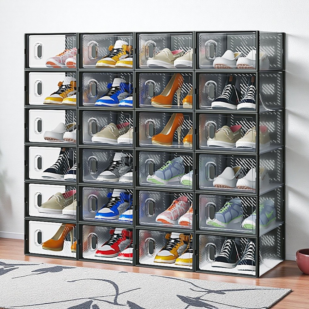 24-Pack Shoe Storage Boxes - Stackable, Door, Plastic Mesh, Black & Small Size