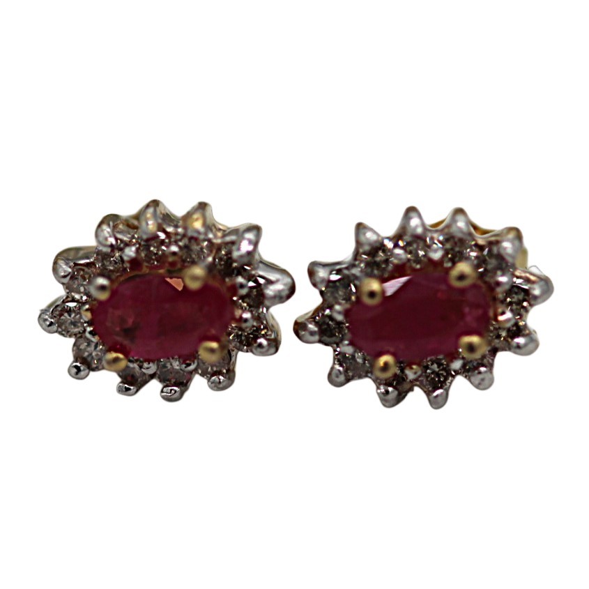 14K Yellow Gold Oval Natural Ruby and Diamond Stud Earrings