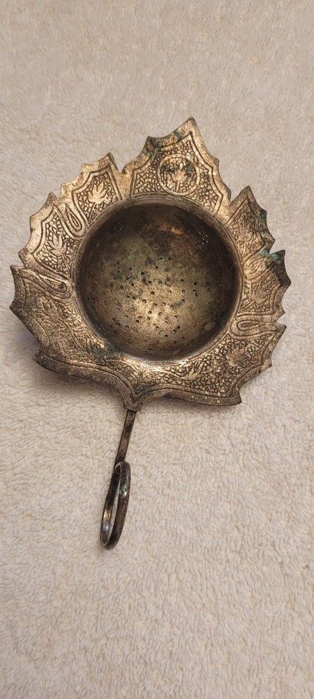 Vintage Silverplate Leaf Shaped Tea Strainer Maple Leaf Engraved Curved Handle