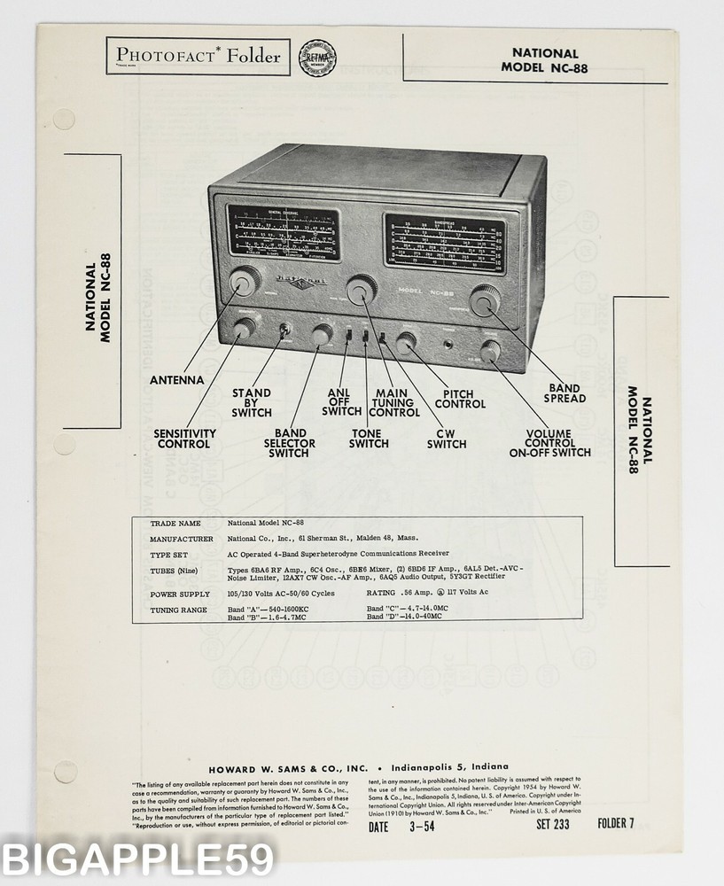 National NC-88 Receiver Sams Photofact Folder