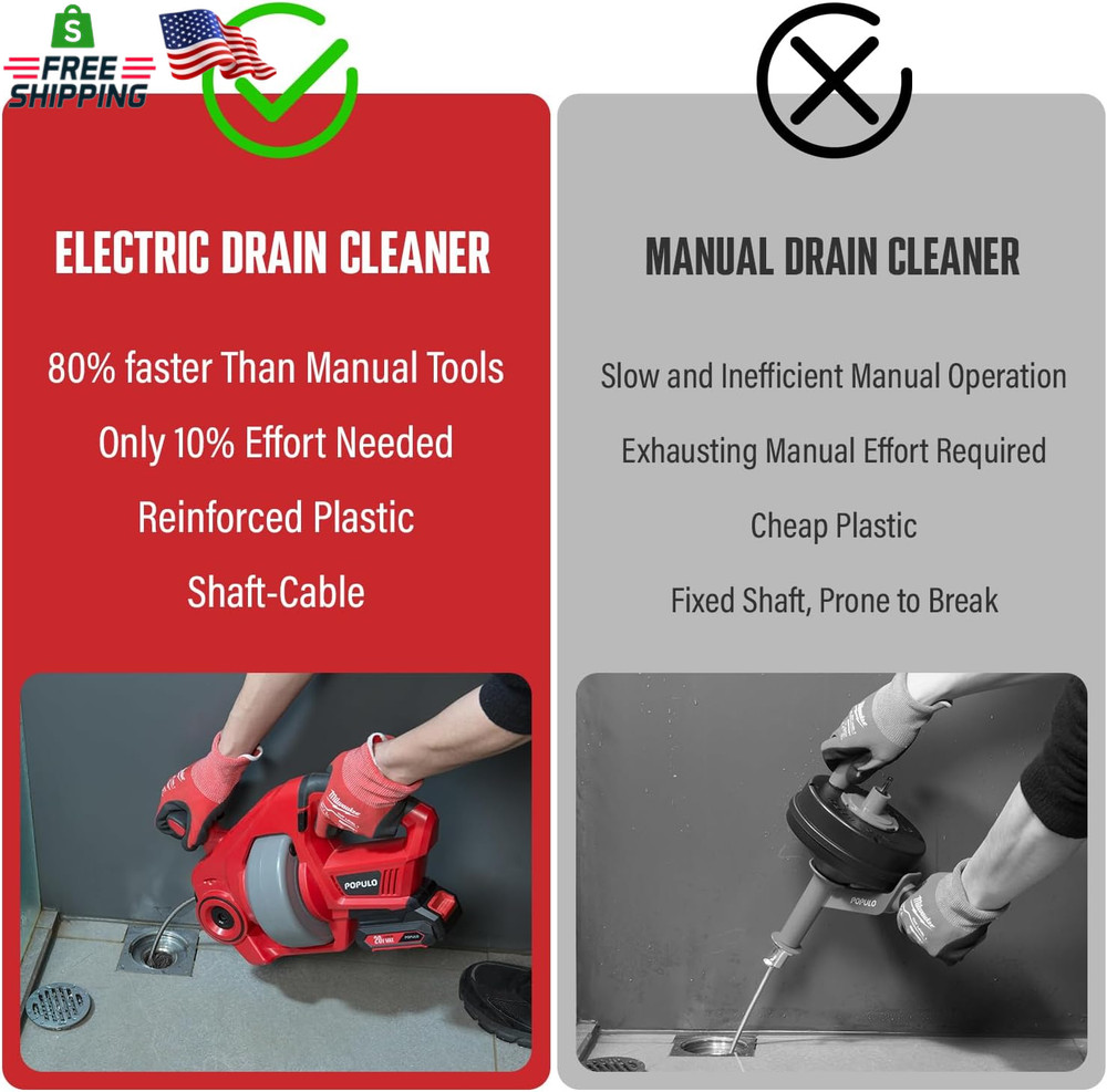 POPULO 20V Cordless Electric Drain Auger-Efficient 25Ft Auto-Feed Drain Snake wi