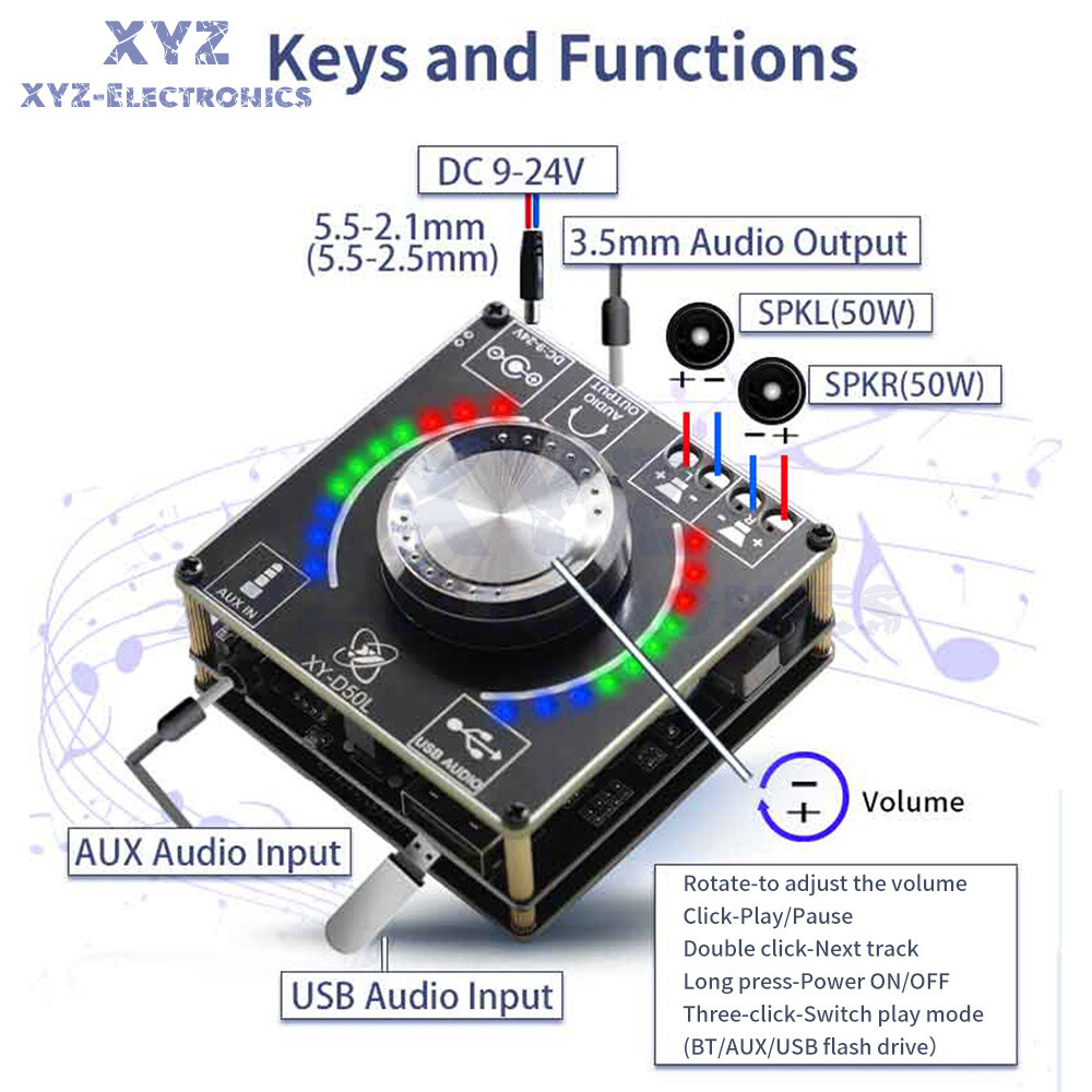 D50L Stereo Bluetooth 5.1 Audio Digital Power Amplifier Board Light APP Control