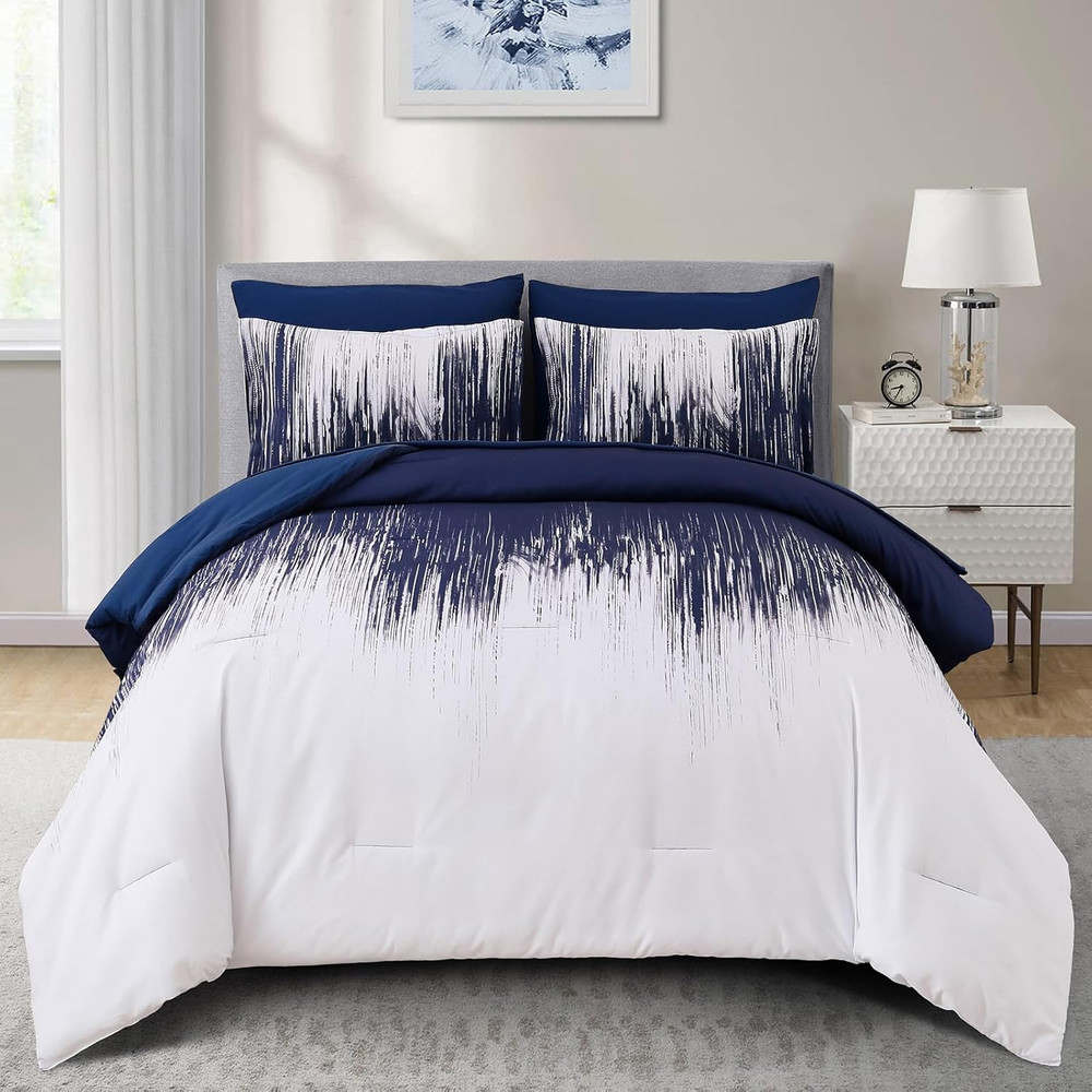 Ombre Blue Comforter Set Queen Size Gradient Navy Blue White Boho Bedding Set fo