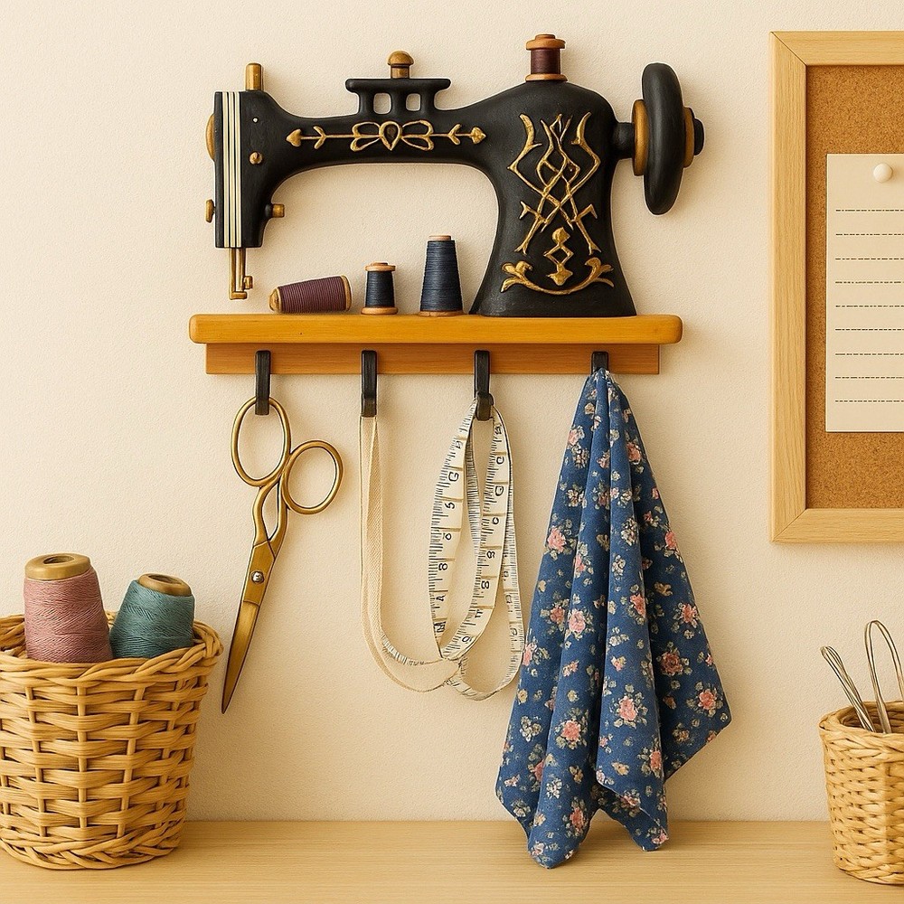 Vintage Sewing Machine Wall Hook Rack – Decorative Storage, 13”x10”x2”