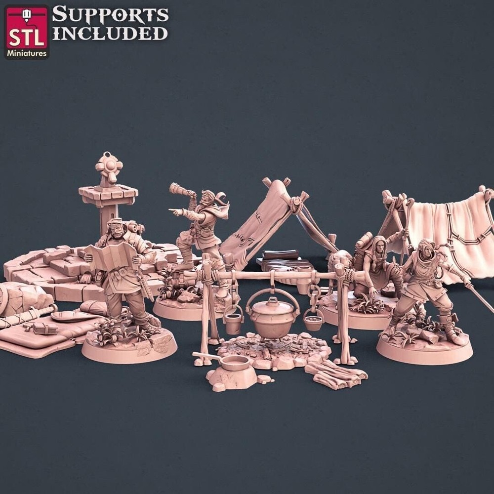 Explorer, Treasure Hunter Camp, NPC Set | Tabletop Scale | D&D TTRPG Miniature |