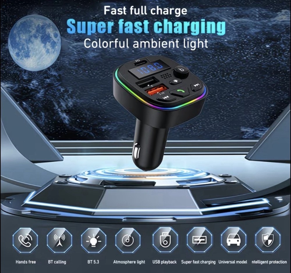 Bluetooth FM Transmitter Car Charger PD USB C QC3.0 Adapter LED Display