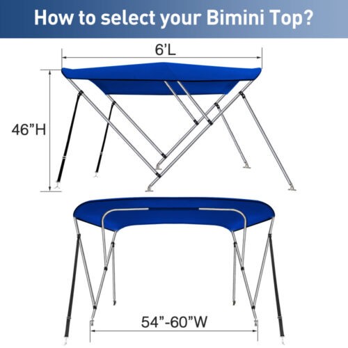 1200D Canvas Bimini Top 3 Bow 4 Bow Boat Cover w/Adjustable Rear Support Poles