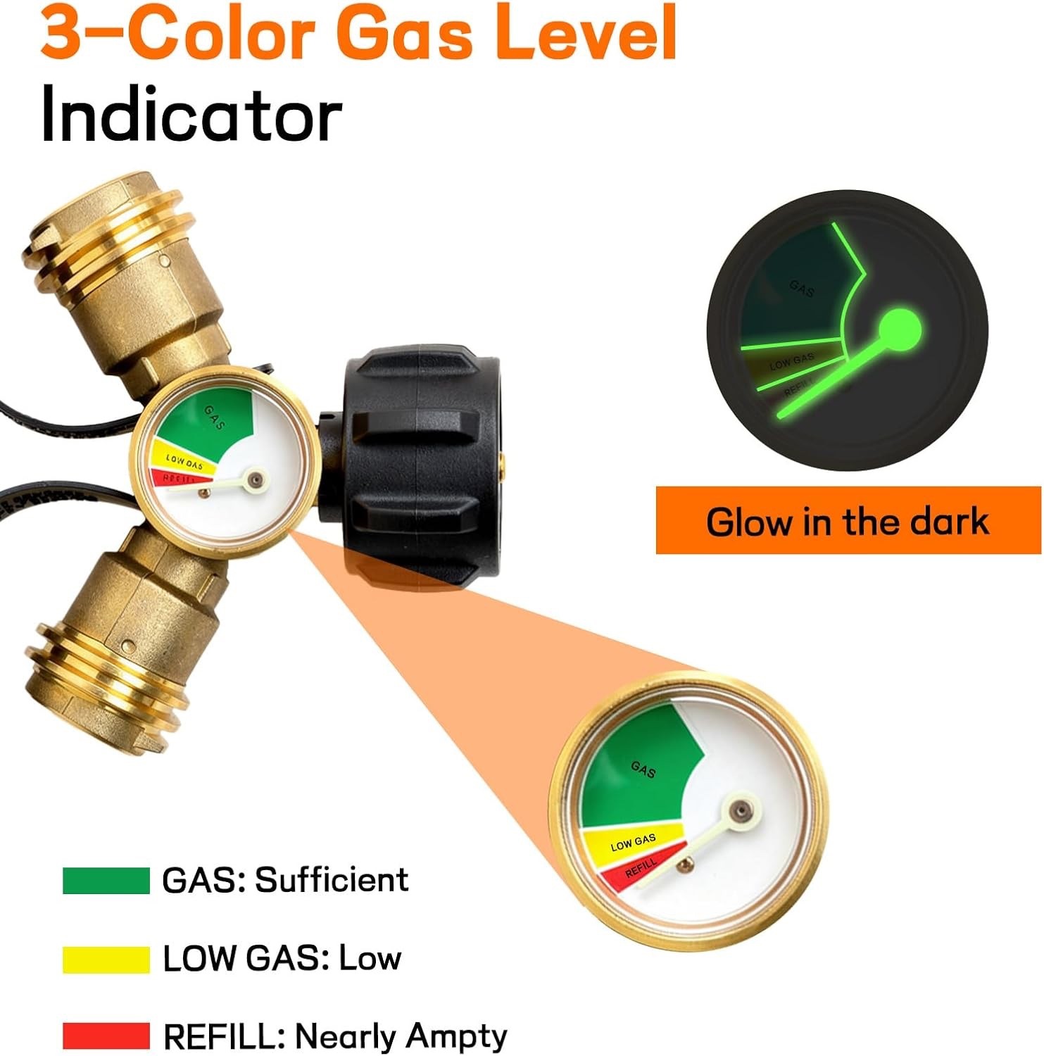 Propane Tank Y Splitter Adapter 2 Way LP Gas Tee Connector With Gauge