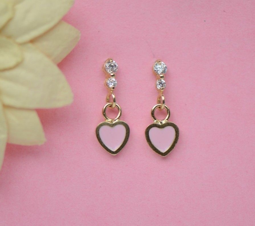 14K Solid Yellow Gold Enamel Heart Shape Dangle Stud Earring
