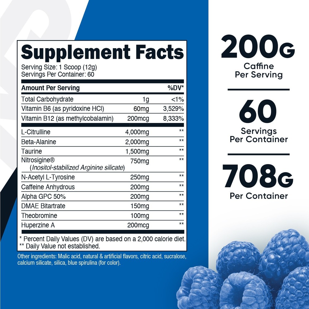 Nutricost Pre-Workout Complex Powder (Blue Raspberry) 60 Serivings