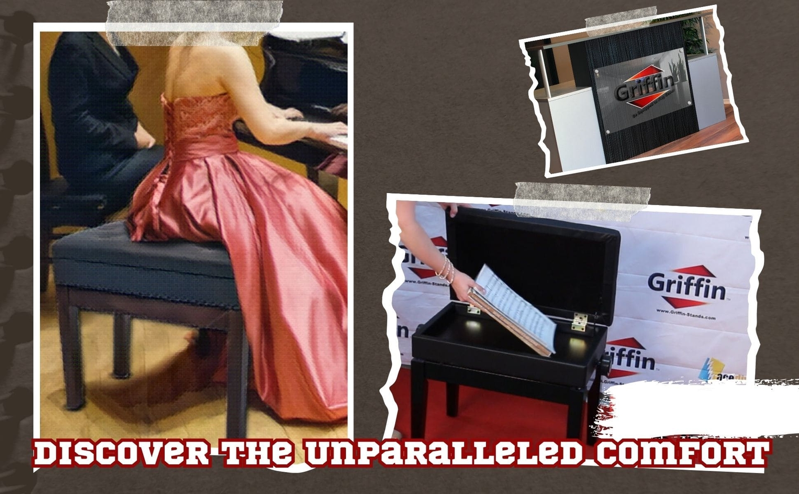 Brown Leather Piano Bench - GRIFFIN Keyboard Seat Wood Vanity Chair Guitar Stool