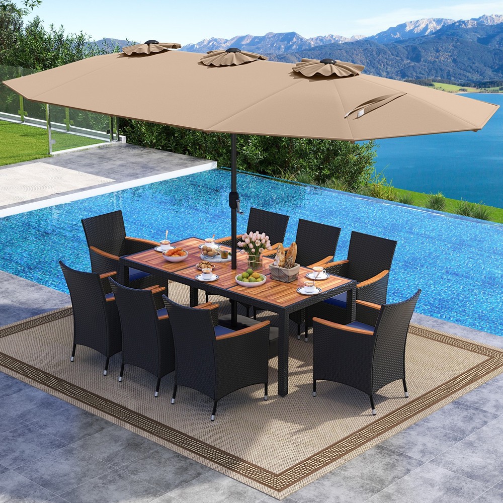 11 PCS Patio Wicker Dining Set w/Double-Sided Outdoor Umbrella 8 Stackable
