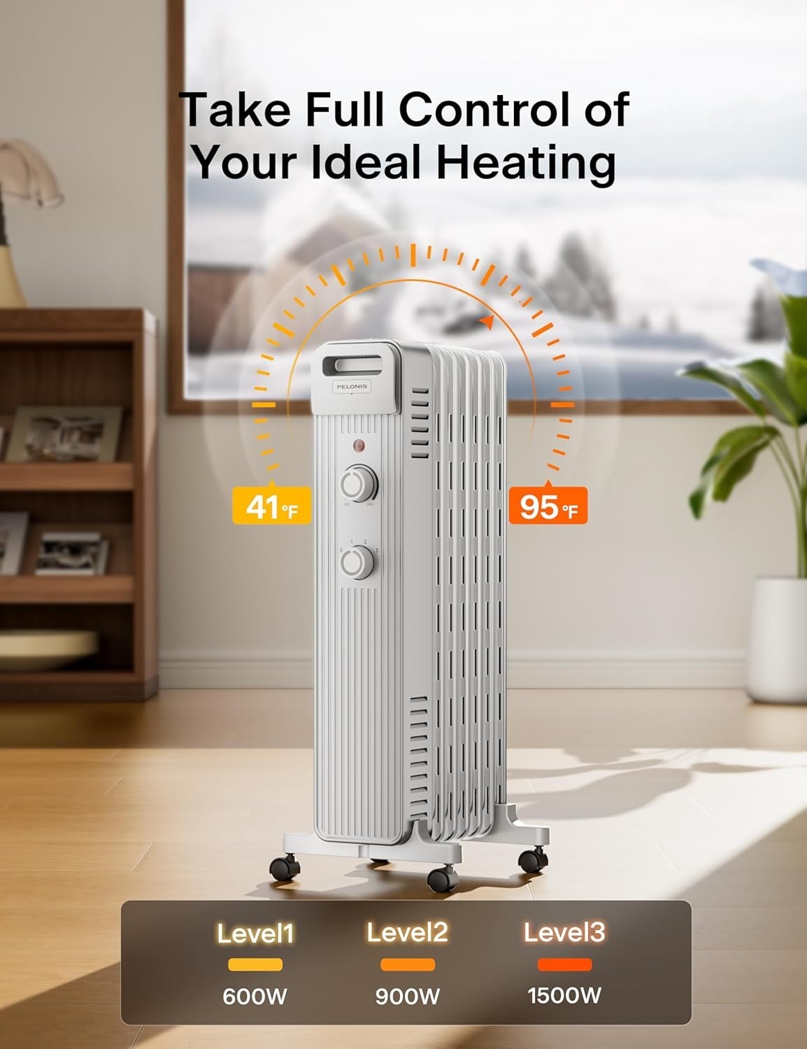 Pelonis PSH007JM1AWW 1500W Oil Filled Radiator Space Heater, White