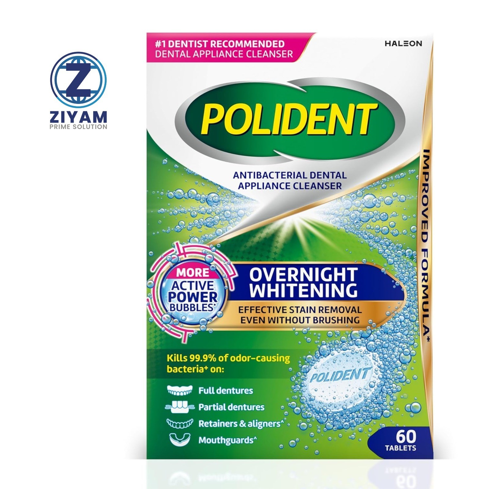 Polident Overnight Whitening Antibacterial Dental Appliance Cleanser Tablets, 60