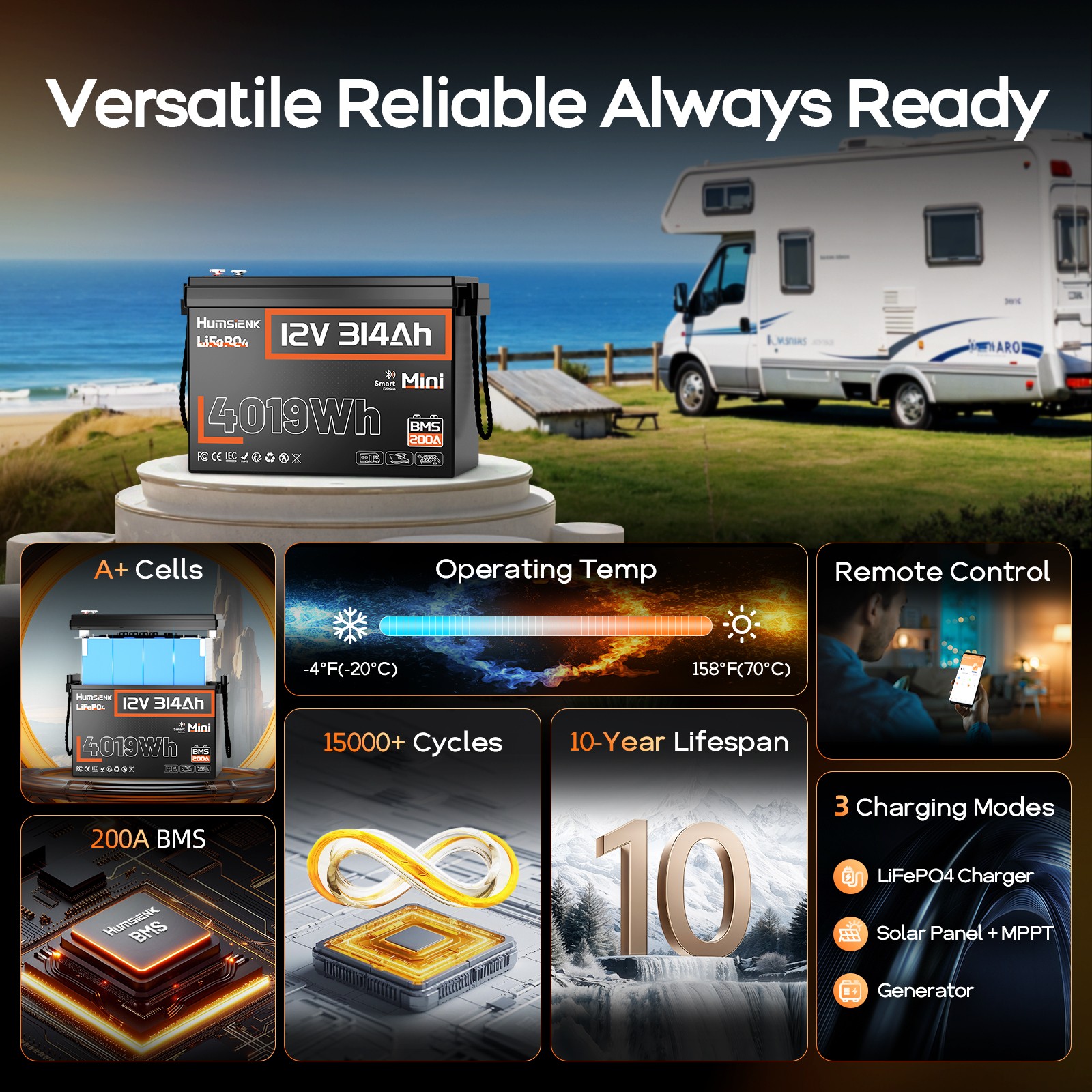 12V 314Ah 300Ah LiFePO4 Lithium Battery 4019Wh Deep Cycle for Solar RV Marine