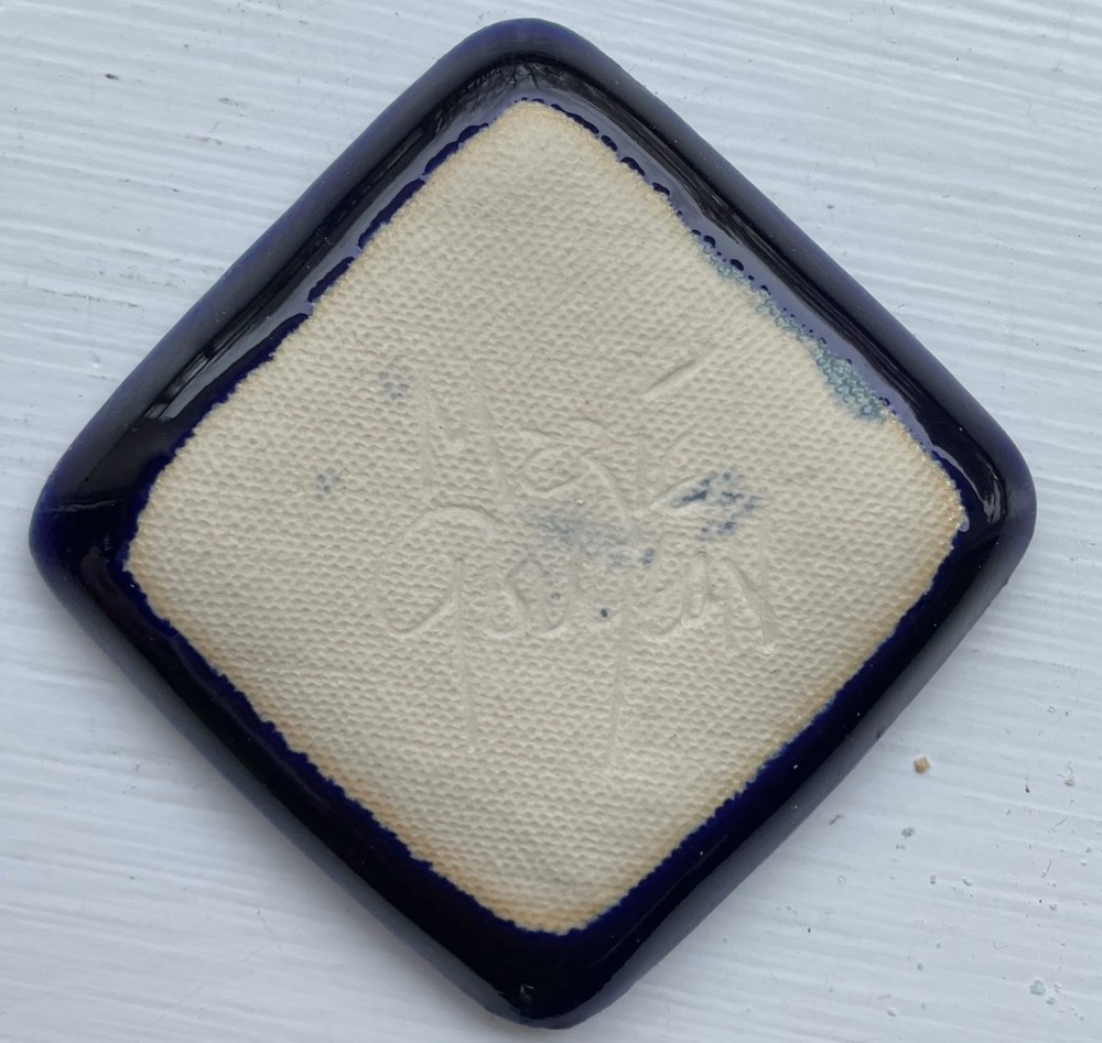 Handmade teabag or ring holder, blue ceramic pottery, signed, winter forest, 2"