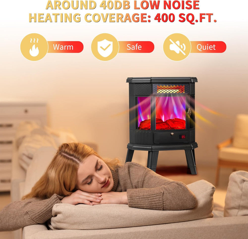 22" Electric Fireplace Heater with 3D Flame, Remote, Timer & Safety Features