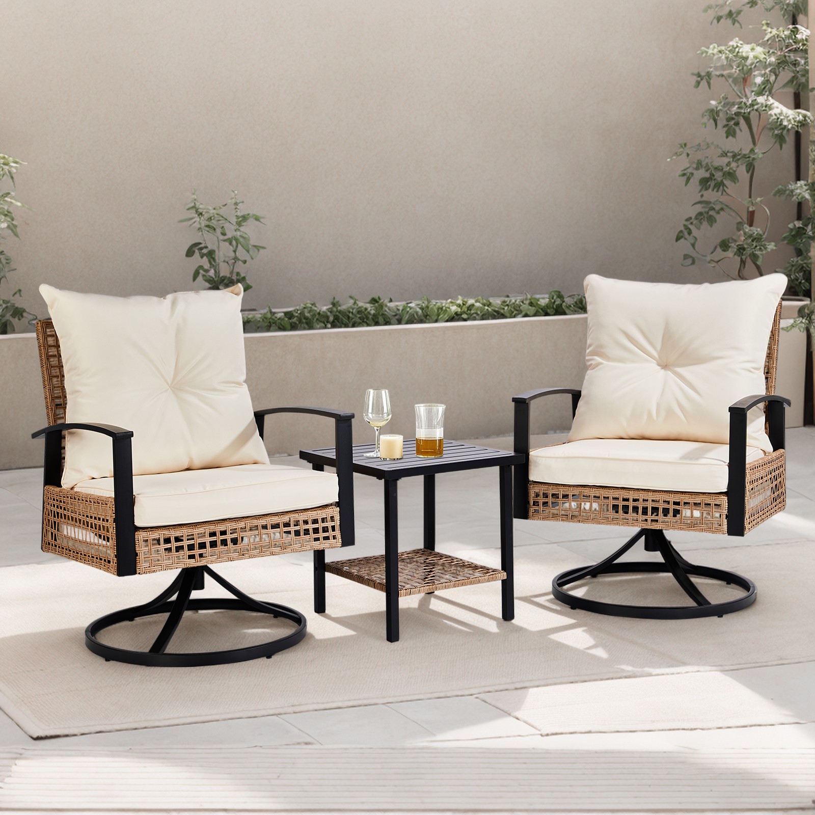 Set of 3 In/Outdoor Garden Swivel Rocker Patio Chairs and Table 360 Degrees