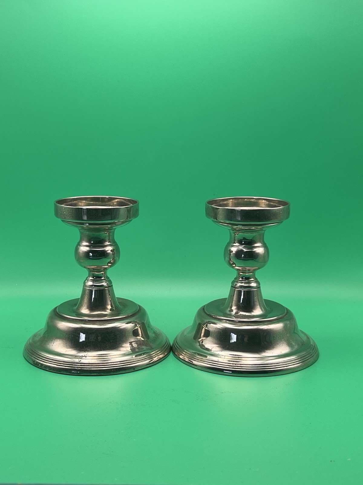 Vintage Silver-Plate Colonial Candlesticks Pair 4.25” Taper Holders Weighted