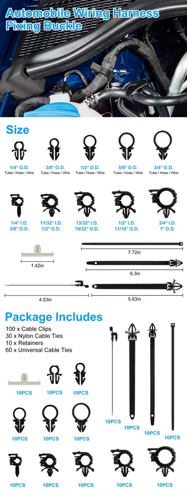 200pcs Wire Harness Clip Assortment 15 Sizes Nylon Cable Ties & Retainers for GM