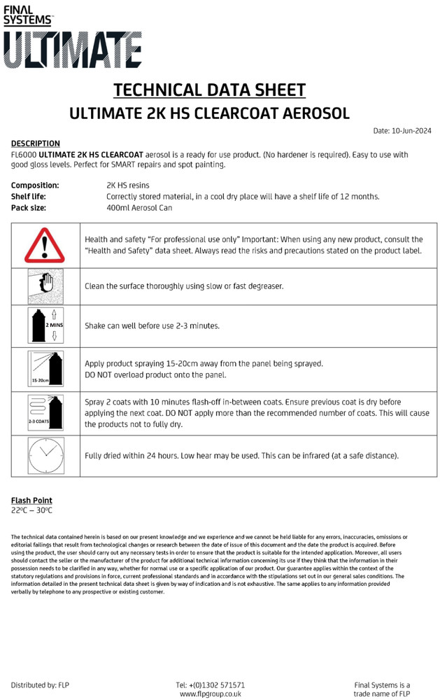 Final Systems Ultimate 2K HS Clearcoat 400ml Aerosol High Quality - Free Postage