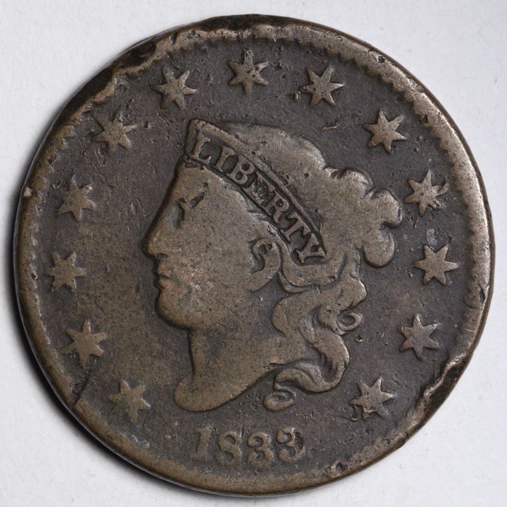 1833 Coronet Head Large Cent CHOICE VG E145 TB