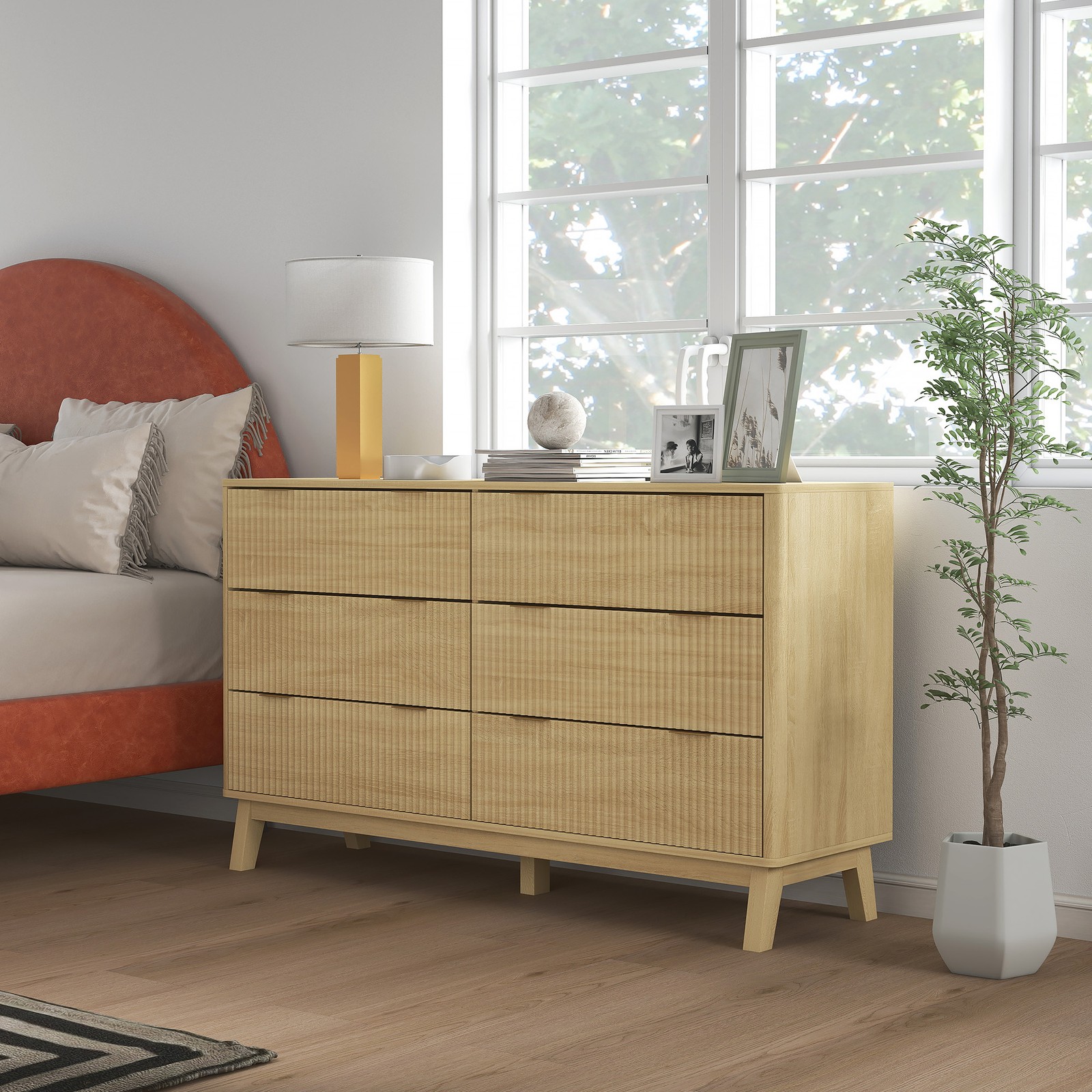 HOMCOM 6 Drawer Dresser for Bedroom, Fluted Chest of Drawers, Natural Wood