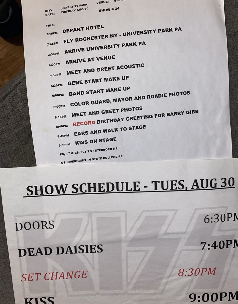 Kiss All Access Backstage Show Schedule & Daily Itinerary Sheet Ultra Rare 2016