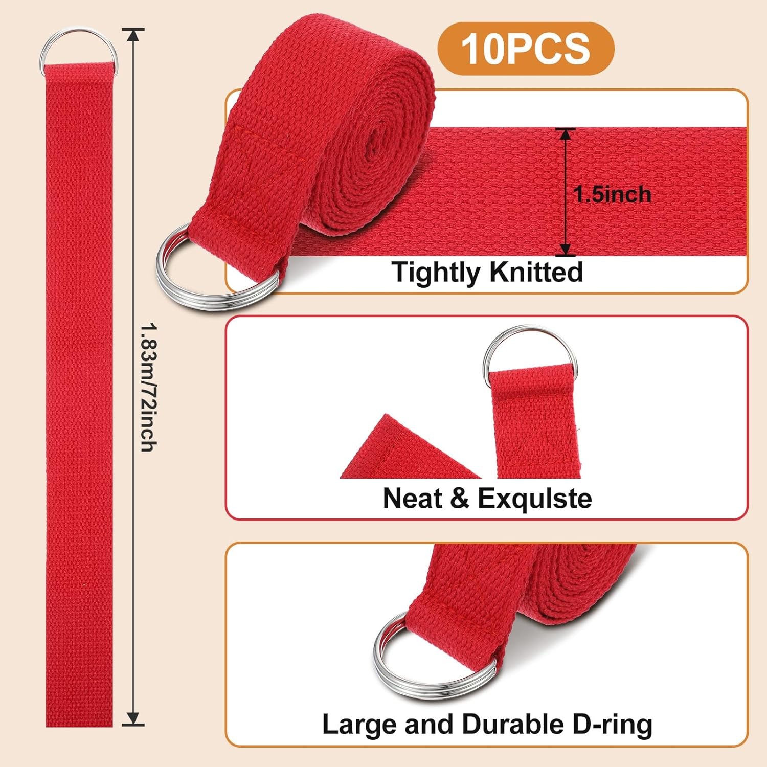 10 Pcs Yoga Strap for Stretching Bulk 6ft Exercise Stretch Band with Metal D Rin