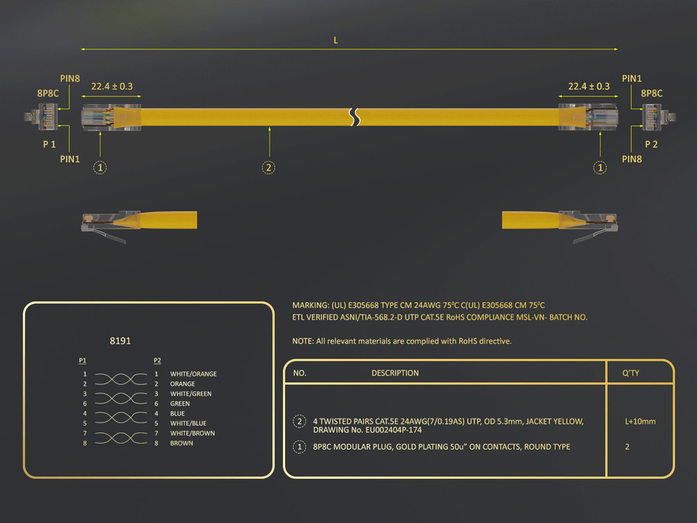 50ft Cat5e UTP Non-Booted Ethernet Network Patch Cable 24AWG Bare Copper, Yellow