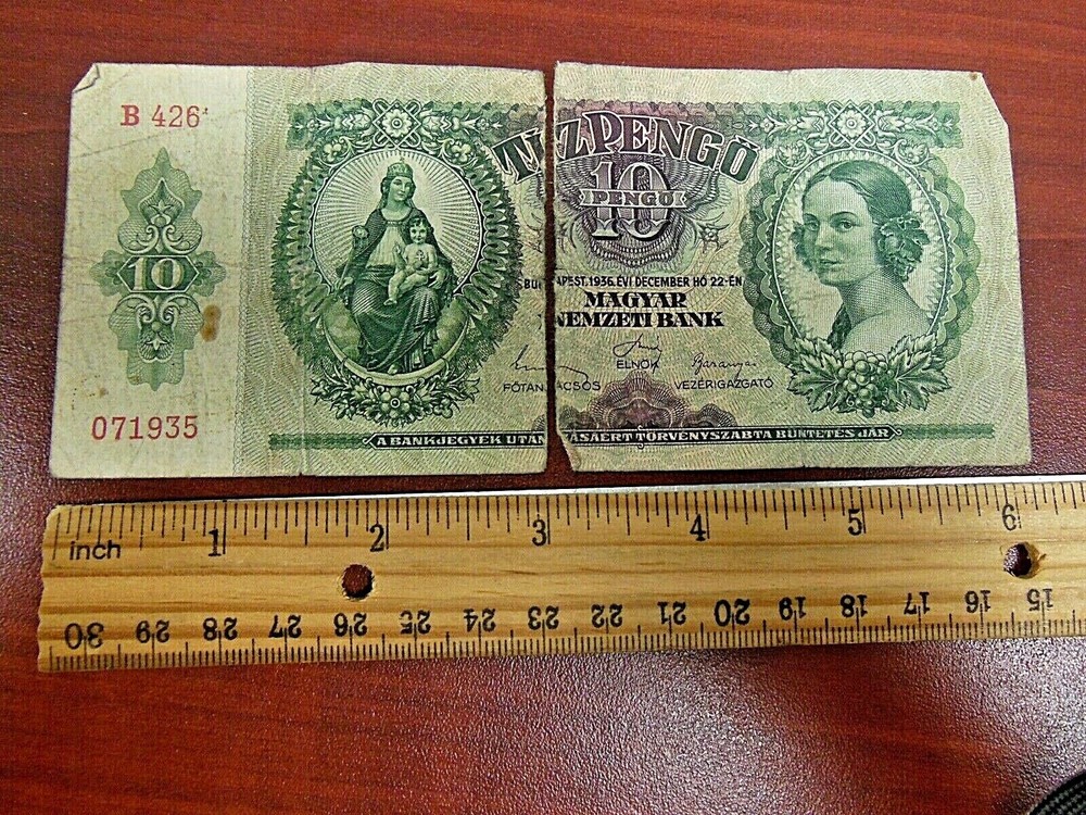 1936 Hungary Ten (10) Pengo Note