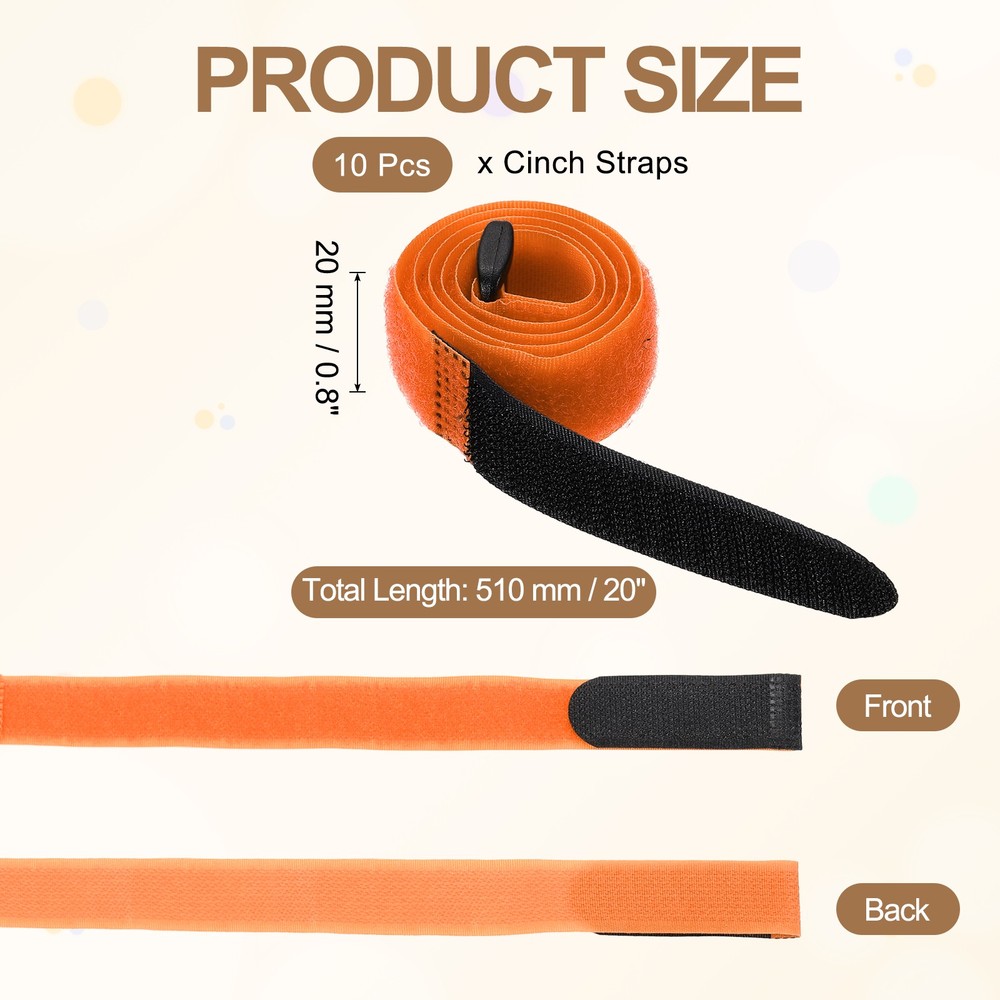 10pcs Reusable Cinch Straps 0.8"x20" Hook and Loop Cable Securing Straps, Orange