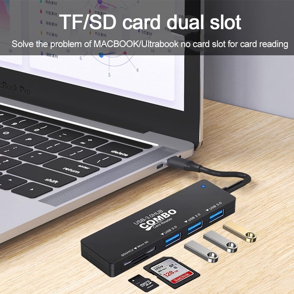 5 Port USB 3.0 Hub Multiport Splitter Adapter SD Micro SD Card Reader 6" Cable