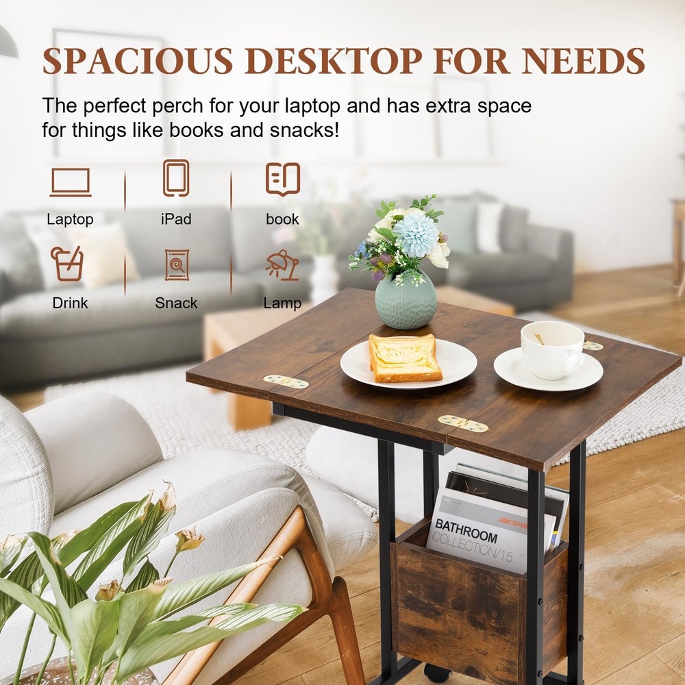 Hadulcet C Shaped End Table with Charging Station & Foldable Tabletop, Foldin...
