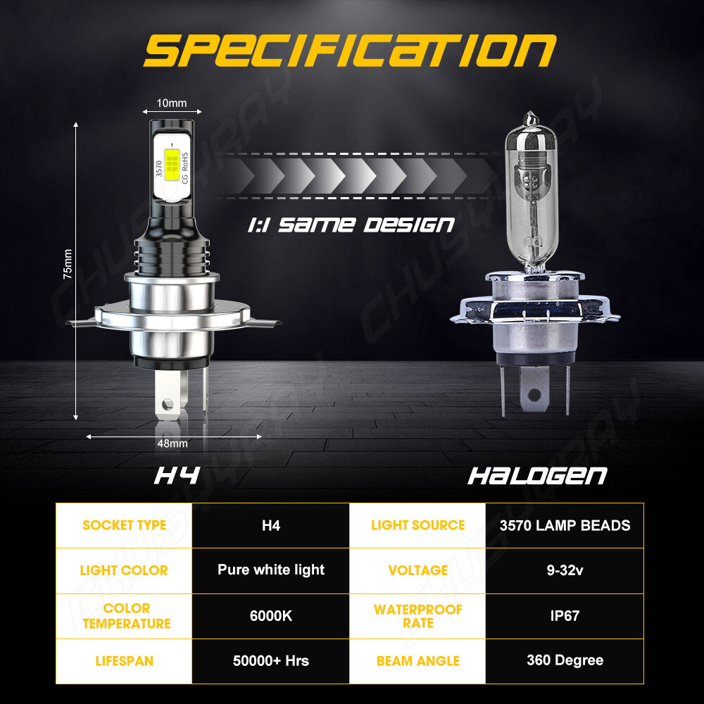 For Motorcycle H4 6500K LED Hi/Lo Beam Front Light Bulb Super Bright Headlight
