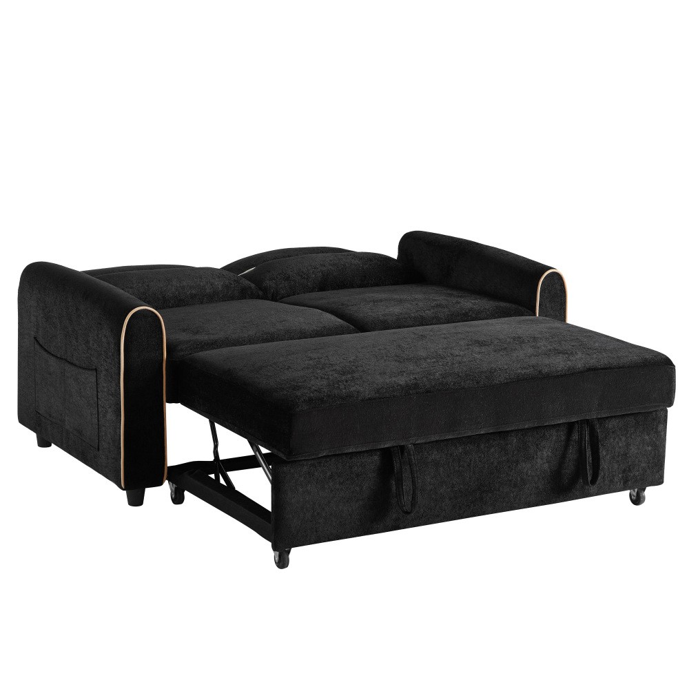 Chenille Sofa Bed Pull Out Sleeper w/ USB Charging, 3-Position Backrest Black