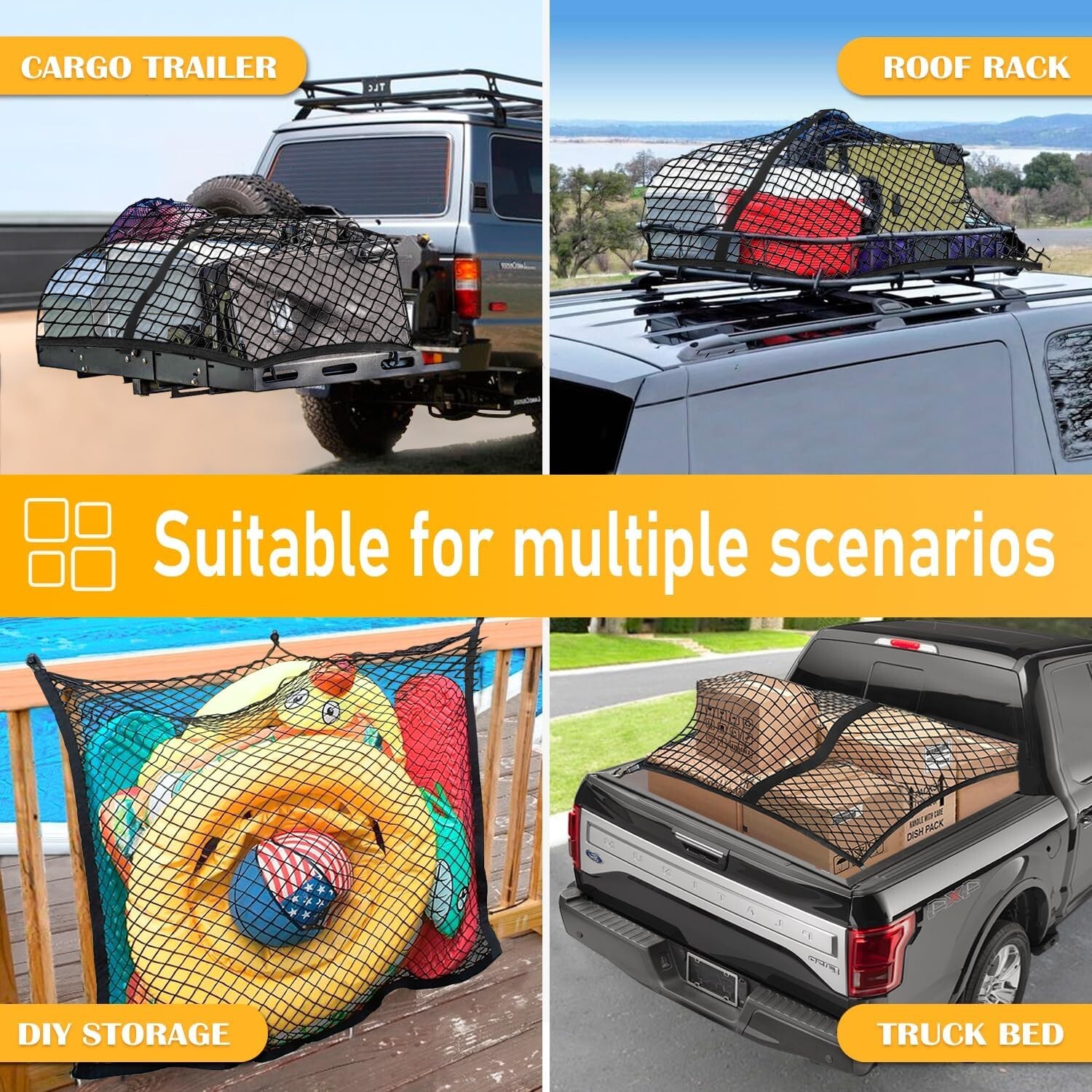 Cargo Net For Pickup Truck Bed Heavy Duty Net Mesh Organizer, 4'x4' to 7'x7'