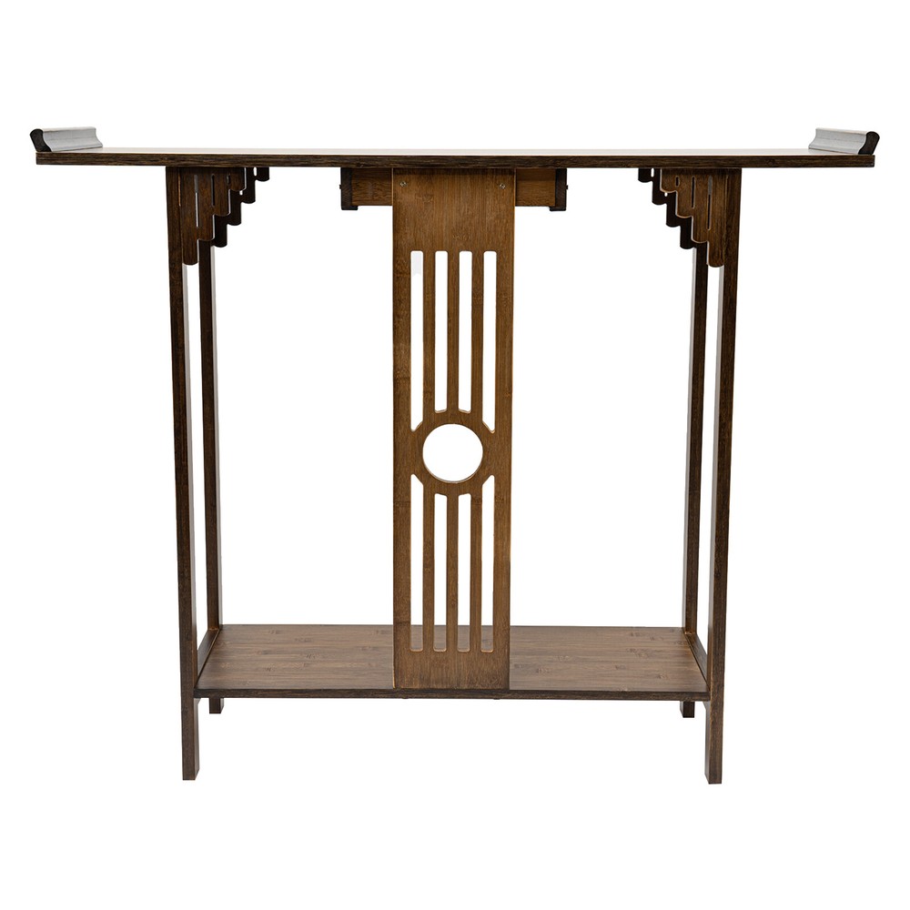 2 Tiers Walnut Sofa Table Bamboo Entryway Table Table With Storage Shelves
