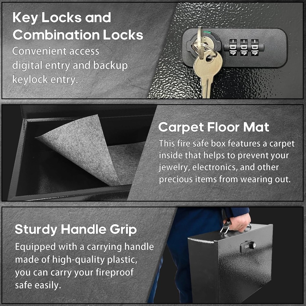 Fireproof Lock Box with Key&Combination Lock-Fire Safe Document Box,Portable