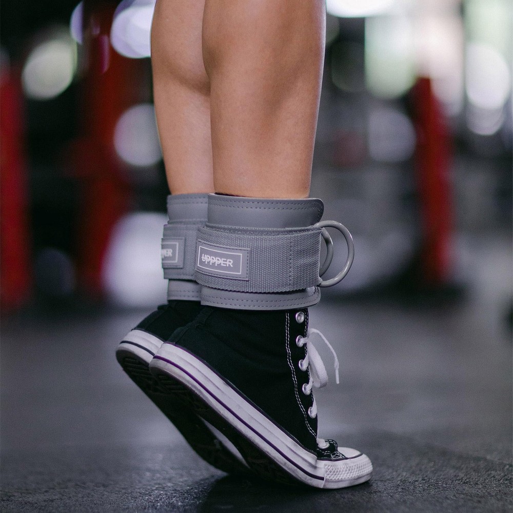 UPPPER Ankle Straps for Cable Machines (Pair) – Double D-Ring, One Size, Grey